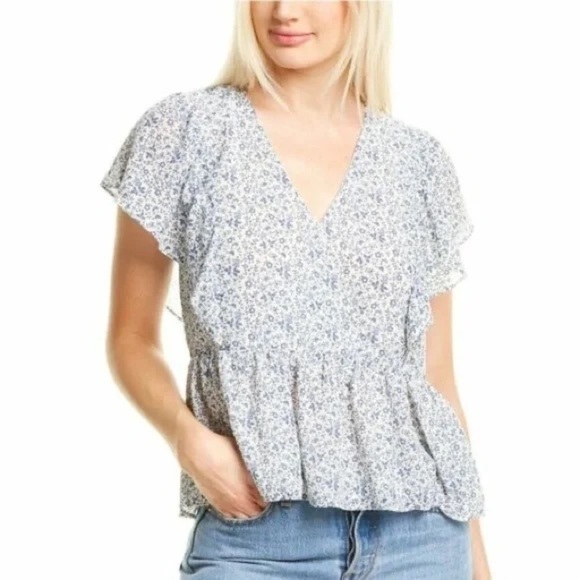 Madewell Georgette Ruffle-Sleeve Peplum Top in Americana Floral Size Small - Picture 1 of 7